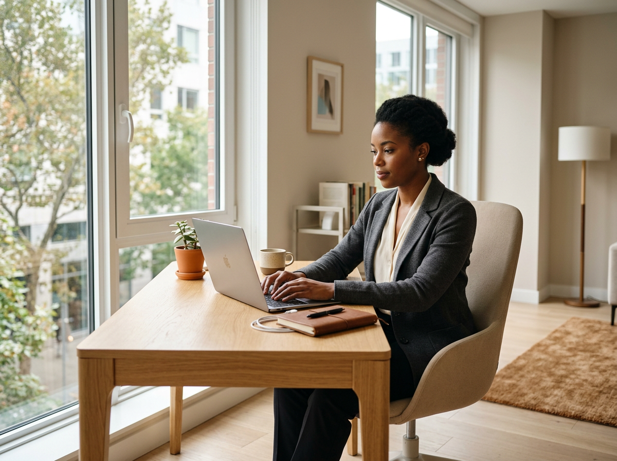 A person working calmly on a laptop at a bright, organized desk